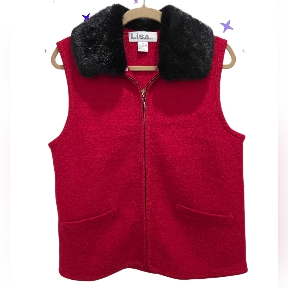 Lisa International Womans 100% Red Wool Vest, With Faux Fur, Medium